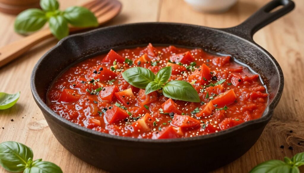 A rich, simmering tomato sauce for pizza, displayed in a rustic, cast iron skillet on a wooden countertop. The sauce is thick and aromatic, filled with diced tomatoes, herbs, and spices, bubbling gently, with vibrant red hues and bits of fresh basil peeking through. In the background, a vintage kitchen setting features wooden utensils and a sprig of basil, creating a cozy, inviting atmosphere. Soft, warm lighting illuminates the scene, highlighting the texture and richness of the sauce, while a shallow depth of field keeps the focus on the skillet. The overall mood is warm and comforting, evoking the essence of homemade Italian cooking.