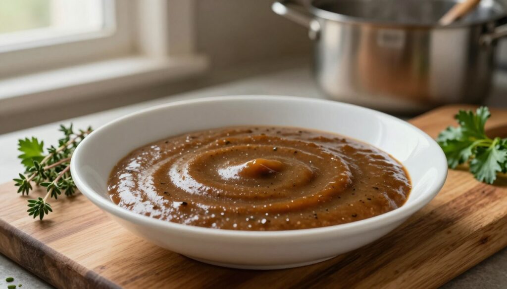 A rich, smooth gravy made from meat drippings, presented in a small, elegant white bowl. The gravy has a glossy sheen, showcasing deep brown hues with subtle flecks of herbs. Surrounding the bowl, a rustic wooden cutting board is garnished with fresh herbs like thyme and parsley, implying a homely cooking environment. In the background, a softly lit kitchen scene features a steaming pot and utensils, creating a warm and inviting atmosphere. The lighting is warm and diffuse, coming from a window, casting gentle shadows that highlight the textures. A close-up shot captures the details of the gravy, emphasizing its creamy consistency, evoking a sense of comfort and culinary satisfaction. The image should evoke an inviting and appetizing mood.