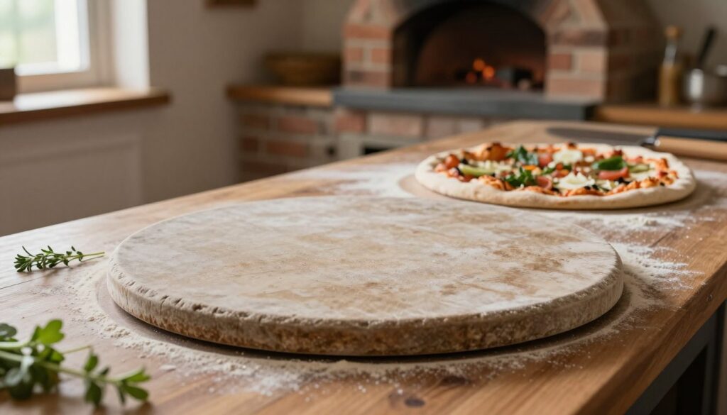 A rustic kitchen scene featuring a traditional pizza stone placed on a wooden countertop. The foreground showcases the stone with a well-defined texture, its surface dusted lightly with flour, glistening under the warm, natural light coming from a nearby window. In the middle ground, a freshly prepared pizza with various toppings rests beside the stone, hinting at the baking process. The background features a brick oven, slightly ajar, emanating a gentle glow, suggesting high heat. The atmosphere is inviting and homey, with herbs and utensils subtly arranged, creating an ambiance of culinary craftsmanship. The composition is shot from a slightly elevated angle to capture the details of the pizza stone and the delicious pizza, showcasing the essential elements for perfect home baking.