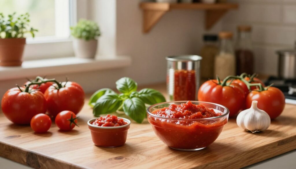 A rustic kitchen scene showcasing a variety of tomatoes, including ripe red tomatoes, cherry tomatoes, and a can of crushed tomatoes, arranged on a wooden countertop. In the foreground, a pristine glass bowl filled with vibrant tomato passata sits next to a small tin of tomato paste, emphasizing the versatility of tomato-based sauces. The middle ground features fresh basil leaves and garlic bulbs, adding a touch of green and white to the composition. In the background, soft, diffused natural light pours in from a nearby window, creating a warm, inviting atmosphere. The kitchen's warmly textured walls and wooden shelves adorned with herbs and spices evoke a cozy, home-cooked feel, ideal for illustrating delicious sauce preparations. A rustic kitchen scene showcasing a variety of tomatoes, including ripe red tomatoes, cherry tomatoes, and a can of crushed tomatoes, arranged on a wooden countertop. In the foreground, a pristine glass bowl filled with vibrant tomato passata sits next to a small tin of tomato paste, emphasizing the versatility of tomato-based sauces. The middle ground features fresh basil leaves and garlic bulbs, adding a touch of green and white to the composition. In the background, soft, diffused natural light pours in from a nearby window, creating a warm, inviting atmosphere. The kitchen's warmly textured walls and wooden shelves adorned with herbs and spices evoke a cozy, home-cooked feel, ideal for illustrating delicious sauce preparations.