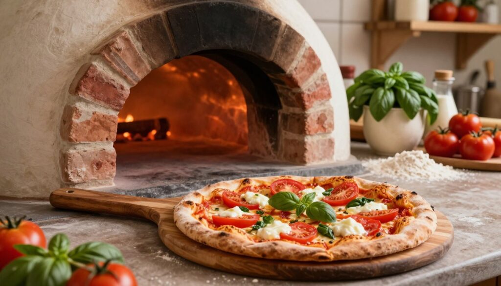 A rustic kitchen scene, with a traditional wooden pizza peel resting beside a hot stone oven. In the foreground, a freshly baked pizza emerges from the oven, its crust perfectly golden and crisp, topped with vibrant red tomatoes, melted mozzarella, and fresh basil. The middle ground features the stone oven, glowing with embers, its opening framed by aged bricks and warm, inviting light. The background includes shelves filled with fresh ingredients like flour, basil, and ripe tomatoes. The atmosphere is warm and cozy, with soft, ambient lighting enhancing the inviting feel of home-cooked meals. Capture this vibrant culinary moment from a slightly elevated angle, showcasing the pizza’s texture and the vibrant colors of the ingredients. Ensure no distractions in the image, emphasizing the art of pizza-making at the ideal baking temperature. A rustic kitchen scene, with a traditional wooden pizza peel resting beside a hot stone oven. In the foreground, a freshly baked pizza emerges from the oven, its crust perfectly golden and crisp, topped with vibrant red tomatoes, melted mozzarella, and fresh basil. The middle ground features the stone oven, glowing with embers, its opening framed by aged bricks and warm, inviting light. The background includes shelves filled with fresh ingredients like flour, basil, and ripe tomatoes. The atmosphere is warm and cozy, with soft, ambient lighting enhancing the inviting feel of home-cooked meals. Capture this vibrant culinary moment from a slightly elevated angle, showcasing the pizza’s texture and the vibrant colors of the ingredients. Ensure no distractions in the image, emphasizing the art of pizza-making at the ideal baking temperature.