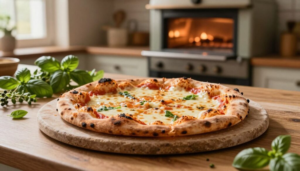 A rustic pizza stone placed in a warm, inviting kitchen setting, showcasing a freshly baked pizza resting on top. The foreground features the textured surface of the stone, with charred edges of the pizza and melted cheese glistening. In the middle ground, lush herbs like basil and oregano are scattered around, enhancing the culinary atmosphere. The background reveals a vintage oven, subtly glowing with warmth, its door slightly ajar. Soft, golden light filters in from a window, casting gentle shadows that emphasize the coziness of the kitchen. The mood is warm and inviting, evoking a sense of home cooking and the joy of making pizza. The overall composition is balanced, highlighting the pizza stone as the star of the scene. A rustic pizza stone placed in a warm, inviting kitchen setting, showcasing a freshly baked pizza resting on top. The foreground features the textured surface of the stone, with charred edges of the pizza and melted cheese glistening. In the middle ground, lush herbs like basil and oregano are scattered around, enhancing the culinary atmosphere. The background reveals a vintage oven, subtly glowing with warmth, its door slightly ajar. Soft, golden light filters in from a window, casting gentle shadows that emphasize the coziness of the kitchen. The mood is warm and inviting, evoking a sense of home cooking and the joy of making pizza. The overall composition is balanced, highlighting the pizza stone as the star of the scene.