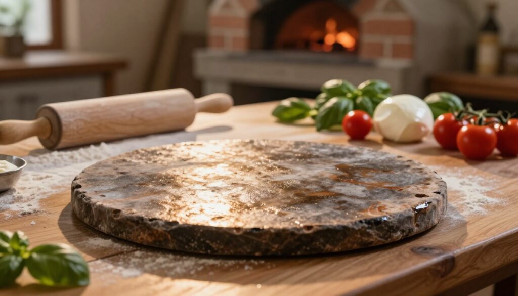 A rustic pizza stone resting on a wooden table, surrounded by ingredients for pizza making. In the foreground, the stone has a slightly uneven, textured surface with a dark sheen, reflecting the warm light. In the middle ground, there's a rolling pin, flour scattered around, and fresh toppings like basil, mozzarella, and cherry tomatoes artfully arranged. The background is blurred to show a brick oven, emanating a soft, golden glow, hinting at heat. The atmosphere is warm and inviting, with soft sunlight streaming in, creating a cozy and authentic cooking vibe. The composition should convey a sense of craftsmanship and passion for pizza making, focusing on the essential tools for achieving the perfect bake.