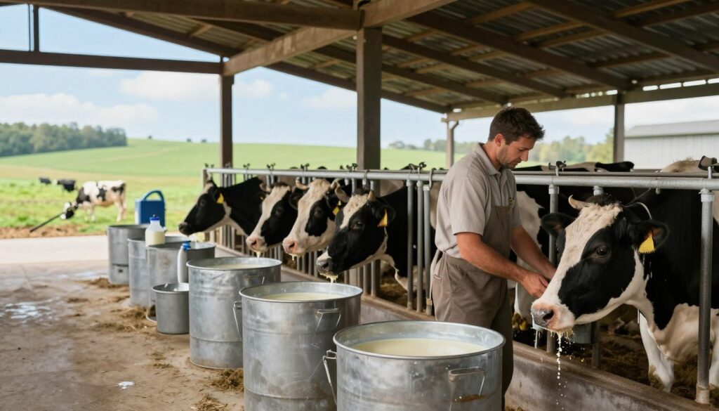 A serene dairy farm scene depicting the step-by-step process of cow's milk production. In the foreground, a farmer in modest, professional attire is gently milking a cow in a bright, airy barn. The middle ground features large, stainless steel containers filled with fresh milk, and equipment for pasteurization and bottling. In the background, rolling green pastures with grazing cows under a clear blue sky create a tranquil atmosphere. Soft, natural lighting filters through the barn windows, highlighting the creamy texture of the milk. The overall mood is calm and industrious, conveying the importance of quality dairy production.