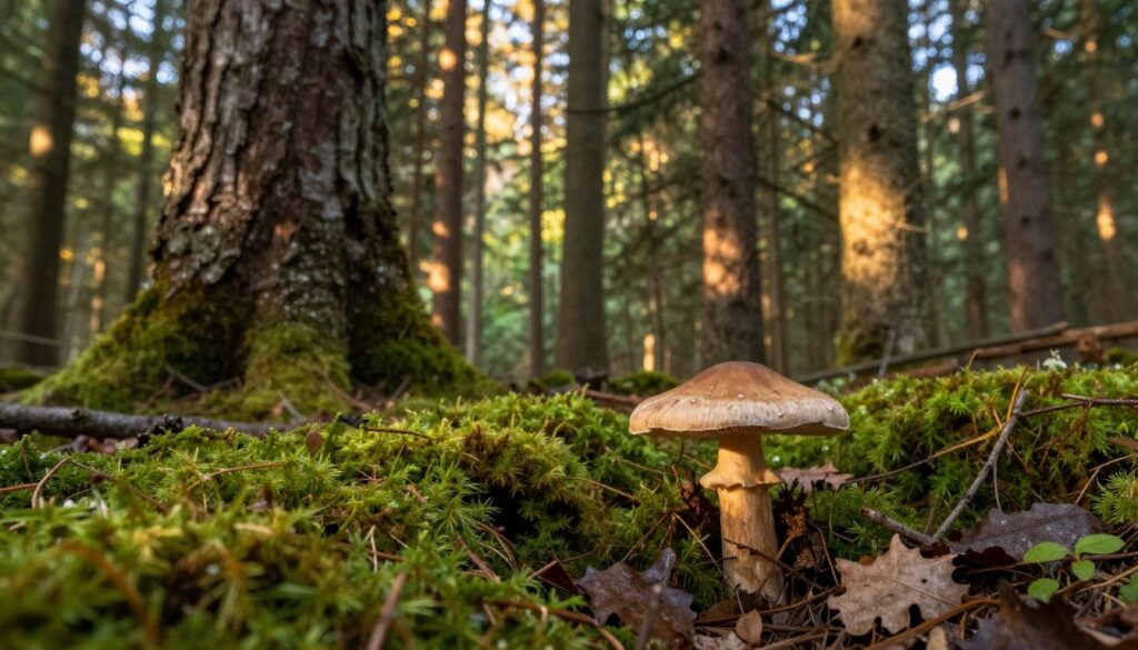 A serene forest scene, featuring the distinctive bagniak mushroom nestled among moss-covered groves. In the foreground, vibrant green moss and leaf litter create a rich tapestry on the forest floor, with the unique bagniak displaying its characteristic shape and color. The middle ground showcases tall, mature trees with a variety of textures, their bark rugged and natural, providing a beautiful backdrop for the mushroom. Soft sunlight filters through the canopy, casting gentle dappled shadows, enhancing the tranquil mood of the setting. In the background, blurred foliage adds depth, while a warm golden hour light bathes the scene in a peaceful glow. The composition captures the essence of where bagniak grows, inviting viewers to appreciate nature’s subtle beauty.