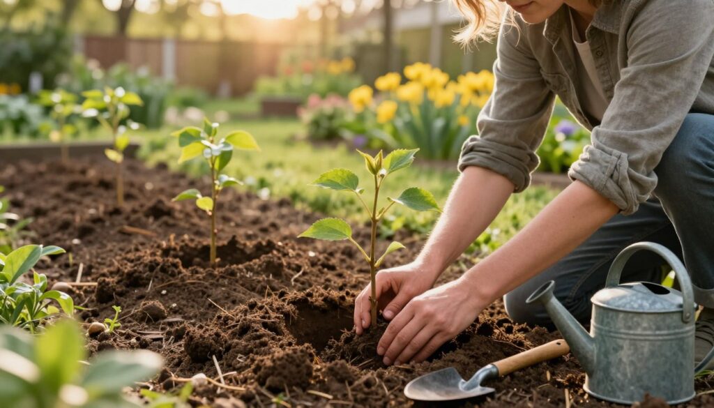 A serene garden scene focused on the act of planting a dogwood sapling, featuring a skilled gardener wearing modest casual clothing, kneeling in rich, dark soil. In the foreground, the gardener gently places the sapling in a hole, surrounded by small tools like a trowel and watering can. The middle ground showcases freshly cultivated earth, with rows of young dogwood plants waiting to be planted, creating a sense of order and purpose. In the background, lush greenery and bright flowering plants blur softly, adding to the peaceful atmosphere. The lighting is warm and golden, suggesting late afternoon sunlight filtering through gentle clouds, casting soft shadows and creating a tranquil mood conducive to planting.
