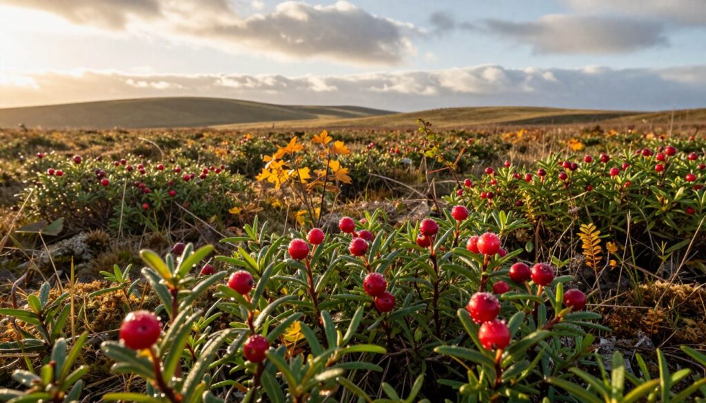 A serene landscape of a vibrant cranberry marsh in Poland, showcasing ripening cranberries on lush green bushes. In the foreground, a close-up of bright red cranberries glistening in the sunlight, with drops of dew. The middle ground features the wild cranberry plants sprawling across a soft, mossy terrain, with hints of yellow and orange foliage indicating the autumn season. In the background, gently rolling hills fade into a cloudy sky, illuminated by a warm golden hour light, casting soft shadows. The atmosphere is tranquil and inviting, suggesting a peaceful nature exploration. The image should evoke the beauty and tranquility of harvesting cranberries in their natural habitat.