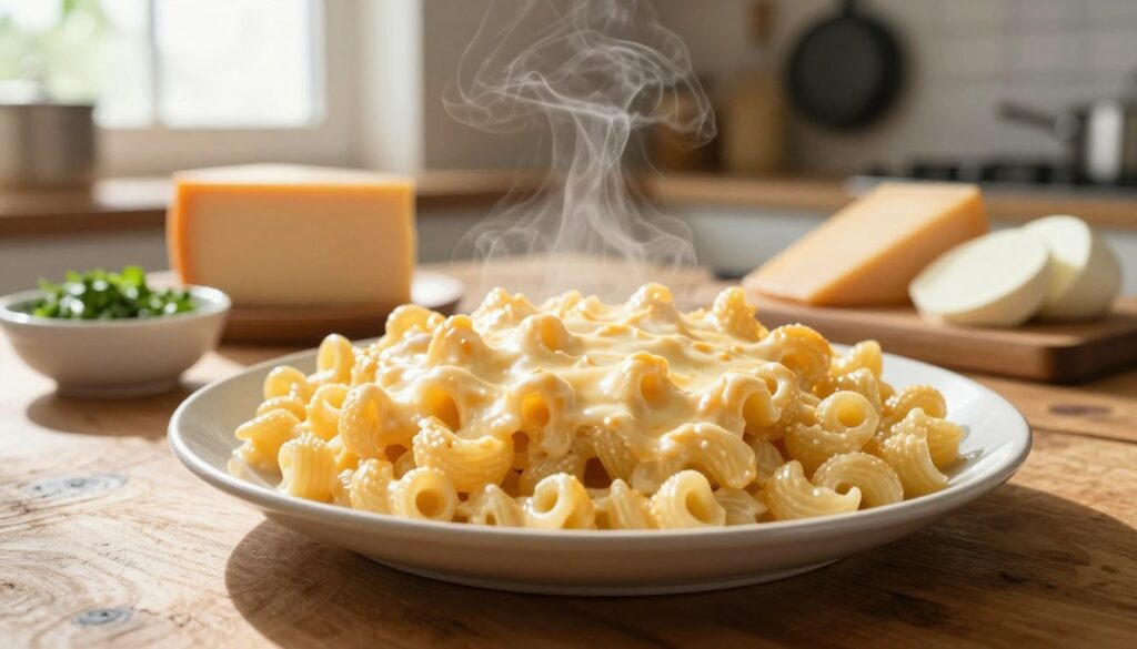 A steaming plate of macaroni covered in a rich, creamy cheese sauce sits enticingly in the foreground, with melted cheese drizzled generously over the pasta. The macaroni is textured and slightly golden, suggesting a perfect blend of cheeses. In the middle background, a wooden table features a scattering of cheese varieties—cheddar, mozzarella, and parmesan—alongside a small bowl of freshly chopped herbs. Soft, natural light filters through a nearby window, illuminating the scene and casting gentle shadows. A blurred backdrop hints at a rustic kitchen setting, with pots and pans hanging on the walls. The mood is warm and inviting, perfect for a cozy meal, showcasing a delicious variation of macaroni in a cheese sauce.