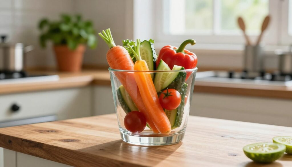 A transparent glass filled with a colorful variety of fresh, chopped vegetables, including vibrant carrots, bell peppers, cucumbers, and cherry tomatoes, placed on a rustic wooden kitchen counter. The glass is positioned slightly off-center to focus on the vibrant colors of the vegetables, creating an eye-catching centerpiece. Soft, natural light streams in from a nearby window, casting gentle reflections and highlighting the textures of the vegetables. In the background, a blurred scene of a kitchen with fresh herbs in pots and cooking utensils adds warmth and a homey atmosphere. The overall mood is fresh and inviting, suggesting healthy living and the ease of including vegetables in one's diet.