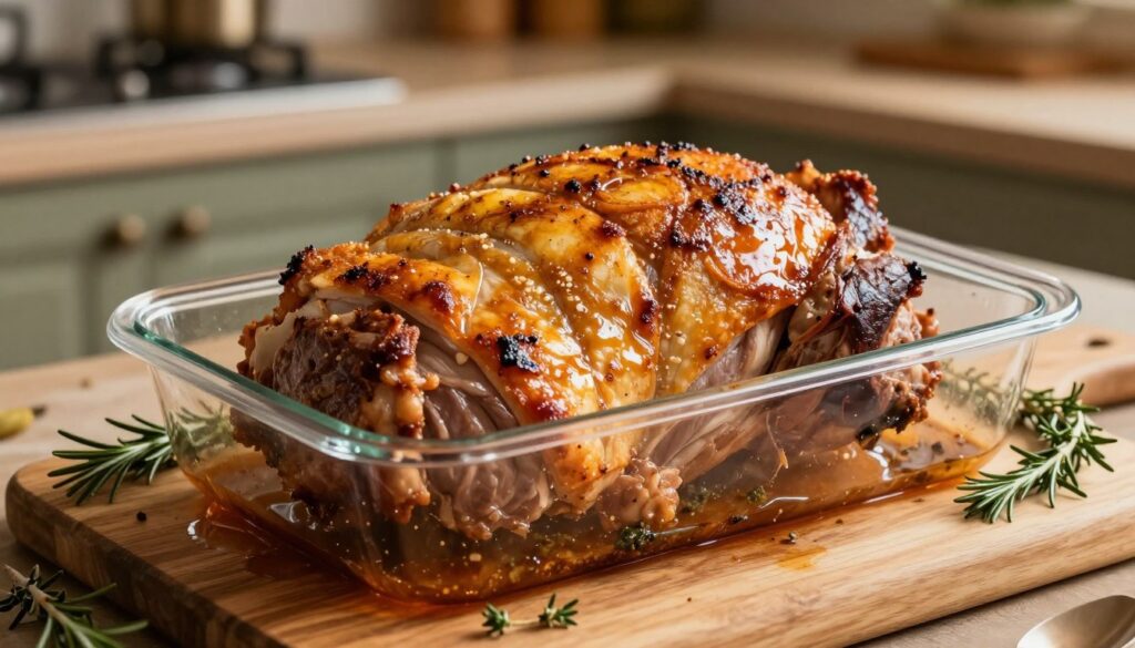 A transparent roasting sleeve filled with succulent, perfectly cooked meat, such as a tender pork shoulder, resting on a wooden cutting board. The sleeve is slightly puffed, showcasing the delicious juices within, surrounded by aromatic herbs like rosemary and thyme. In the background, a rustic kitchen setting with warm, inviting lighting that highlights the golden-brown hues of the meat, accentuating the crispiness of the outer layer. The angle is slightly elevated, drawing the viewer's eye to the intricate details of the meat and the glistening juices pooling inside the roasting sleeve. The mood is cozy and comforting, evoking a sense of home-cooked warmth and culinary success.