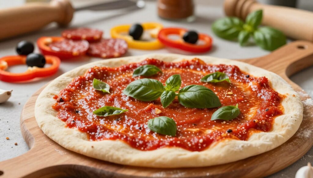 A vibrant and appetizing close-up image of a classic pizza sauce being generously spread on pizza dough. In the foreground, a wooden pizza peel holds a round dough base, with a thick, rich, and aromatic tomato sauce glistening under soft, warm lighting. The sauce is dotted with fresh basil leaves and hints of garlic, creating a mouthwatering appeal. In the middle ground, various toppings like sliced olives, pepperoni, and bell peppers are artistically arranged around the dough, hinting at the final product. The background features a rustic kitchen setting with blurred pizza-making tools and herbs, enhancing the homely atmosphere. The overall mood is inviting and flavorful, showcasing the art of pizza preparation in a cozy, well-lit environment.