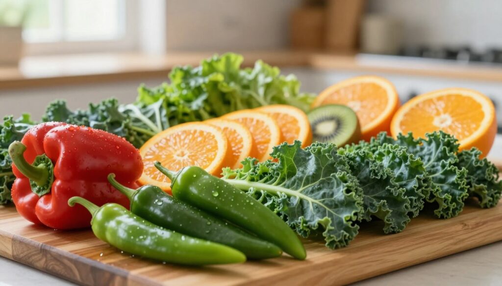A vibrant and colorful assortment of vegetables known for their high vitamin C content, arranged artistically on a wooden cutting board. In the foreground, bright red bell peppers, green chilies, and rows of dark green leafy kale are prominently displayed, glistening with fresh dew. The middle layer features sliced oranges and juicy kiwi interspersed amongst the leafy greens, while in the background, a blurred kitchen with natural light streaming through the window creates a warm and inviting atmosphere. The scene is bathed in soft, diffused lighting, enhancing the freshness and vivid colors of the vegetables. A shallow depth of field focuses on the textures of the vegetables, evoking a sense of healthfulness and vibrancy.