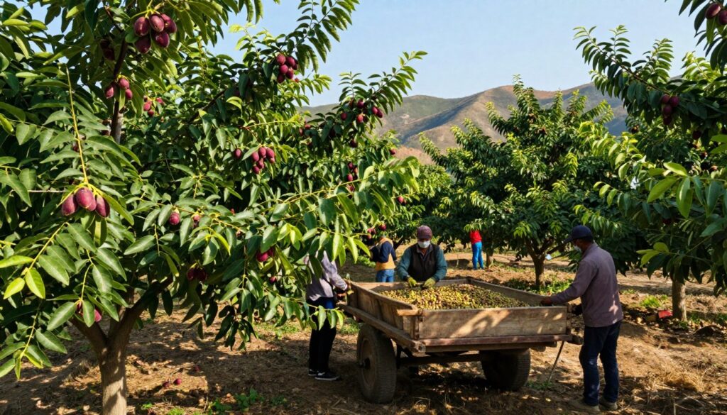 A vibrant and detailed depiction of a pistachio orchard during the harvest season. In the foreground, lush green pistachio trees are heavy with ripe, burgundy-hued nuts ready for picking. Farm workers dressed in modest, professional clothing are carefully harvesting the nuts, showcasing teamwork. The middle ground features a rustic wooden cart filled with freshly harvested pistachios, emphasizing the labor involved in production. In the background, rolling hills and a clear blue sky show the ideal climate for pistachios, with warm sunlight casting gentle shadows. The mood is lively and industrious, reflecting the global significance of pistachio production in today's agriculture. The scene is captured with soft lighting and a slightly elevated angle, highlighting both the beauty of the orchard and the hard work behind the pistachio industry.