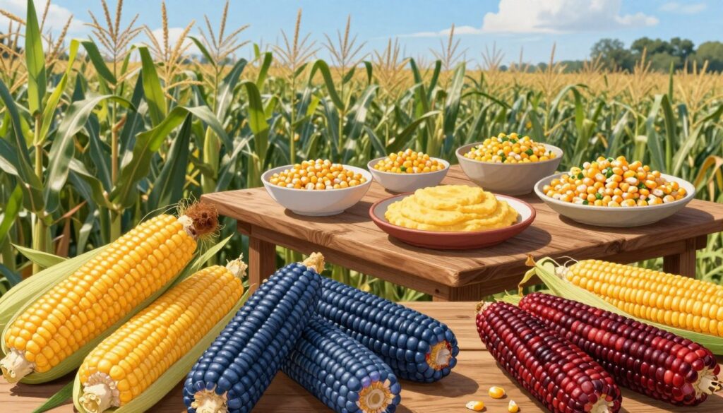 A vibrant and detailed illustration of various corn varieties prominently displayed in the foreground, showcasing their unique colors and shapes—golden-yellow sweet corn, deep blue flint corn, and striking red ornamental corn. In the middle ground, a rustic wooden table filled with bowls of corn kernels, depicting their culinary uses alongside cooked dishes like polenta and corn salad. The background features a sunny farm landscape with tall green corn stalks swaying gently in the breeze under a clear blue sky. Natural sunlight bathes the scene, casting soft shadows and highlighting the textures of the corn and the wooden table. The mood is warm and inviting, celebrating the diverse applications of corn in cooking, animal feed, and industry. A vibrant and detailed illustration of various corn varieties prominently displayed in the foreground, showcasing their unique colors and shapes—golden-yellow sweet corn, deep blue flint corn, and striking red ornamental corn. In the middle ground, a rustic wooden table filled with bowls of corn kernels, depicting their culinary uses alongside cooked dishes like polenta and corn salad. The background features a sunny farm landscape with tall green corn stalks swaying gently in the breeze under a clear blue sky. Natural sunlight bathes the scene, casting soft shadows and highlighting the textures of the corn and the wooden table. The mood is warm and inviting, celebrating the diverse applications of corn in cooking, animal feed, and industry.