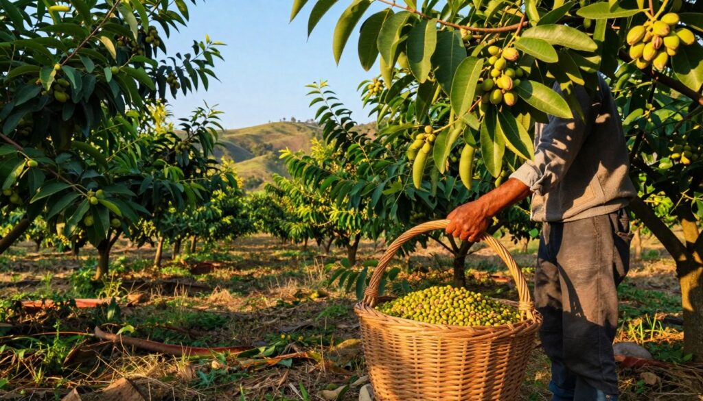 A vibrant and detailed scene of pistachio harvesting in an expansive orchard during the golden hour. In the foreground, a farmer in modest casual clothing carefully collects ripe pistachios from lush green trees, their branches heavy with clusters of nuts. In the middle ground, a wicker basket overflowing with fresh, unprocessed pistachios, showcasing their rich green shells. The background features rolling hills dotted with more pistachio trees under a clear blue sky, enhancing the sunny atmosphere. Soft, warm sunlight bathes the scene, casting gentle shadows, while the mood conveys a sense of harvest celebration and connection to nature, emphasizing the importance of timing in the pistachio collection process.