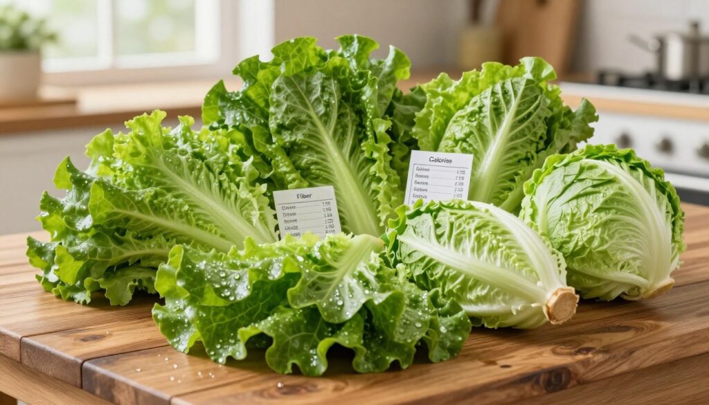 A vibrant and fresh depiction of various types of lettuce, including butterhead, romaine, and iceberg, arranged artistically on a rustic wooden table. In the foreground, the lush green leaves glisten with droplets of water, emphasizing their freshness. The middle ground features labels or chart-like elements subtly integrated among the lettuce, indicating nutritional values such as calories, fiber, and minerals, without any text. The background includes a soft-focus kitchen setting with natural light pouring through a window, creating an inviting and healthy atmosphere. Use a warm color palette to convey a sense of nourishment and vibrancy, with a slight overhead angle to enhance the visual depth.