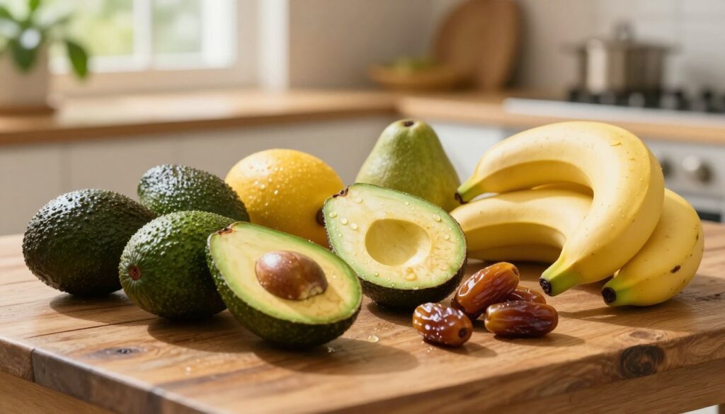 A vibrant and inviting display of high-calorie fruits, arranged artfully on a rustic wooden table. Foreground features luscious fruits such as avocados, bananas, and dates, showcasing their rich textures and colors—deep greens, bright yellows, and golden browns. The middle ground includes a few sliced fruits, emphasizing their juicy interiors, with glistening droplets of moisture. The background is softly blurred, depicting a warm, sunlit kitchen with leafy plants and natural light streaming in. The atmosphere is cozy and welcoming, inviting viewers to explore the hidden surprises within high-calorie fruits. Use soft, diffused lighting to enhance the freshness and appeal of the scene, captured from a slightly elevated angle to create depth.