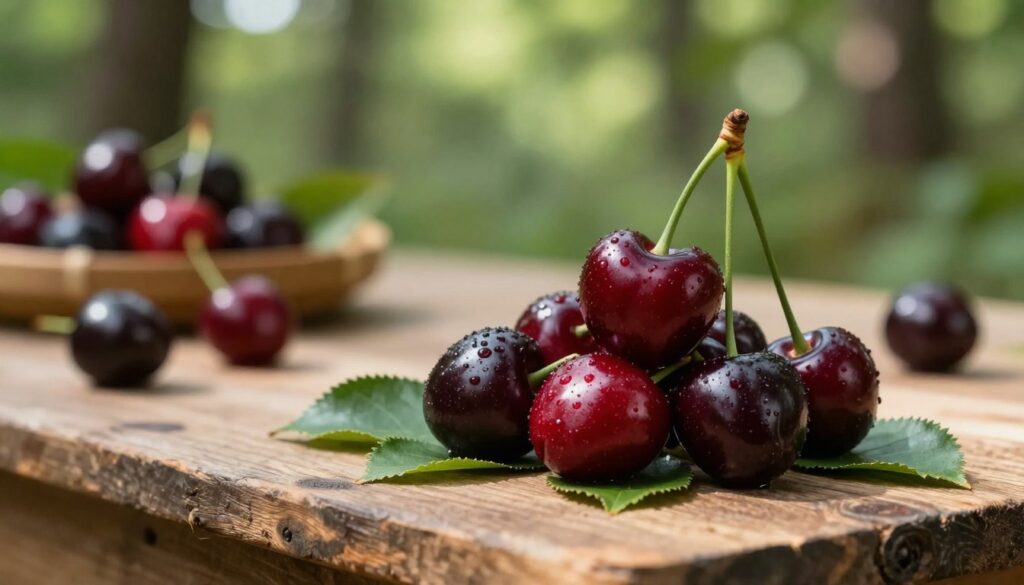 A vibrant arrangement of ripe Prunus serotina fruits, also known as black cherry, displayed prominently in the foreground, showcasing their dark red to black color and glistening surface. Surround the fruit with delicate green leaves for contrast, emphasizing freshness. In the middle ground, include a rustic wooden table to suggest a natural setting, with the scattered fruits hinting at a recent harvest. In the background, softly blurred out, create a lush green forest environment, dappled sunlight filtering through the trees to create a warm, inviting atmosphere. Capture this scene with a slight depth of field effect, focusing sharply on the fruits while allowing the background to blur gently. The mood should be serene and natural, inviting viewers to connect with the idea of safely preparing these fruits. A vibrant arrangement of ripe Prunus serotina fruits, also known as black cherry, displayed prominently in the foreground, showcasing their dark red to black color and glistening surface. Surround the fruit with delicate green leaves for contrast, emphasizing freshness. In the middle ground, include a rustic wooden table to suggest a natural setting, with the scattered fruits hinting at a recent harvest. In the background, softly blurred out, create a lush green forest environment, dappled sunlight filtering through the trees to create a warm, inviting atmosphere. Capture this scene with a slight depth of field effect, focusing sharply on the fruits while allowing the background to blur gently. The mood should be serene and natural, inviting viewers to connect with the idea of safely preparing these fruits.