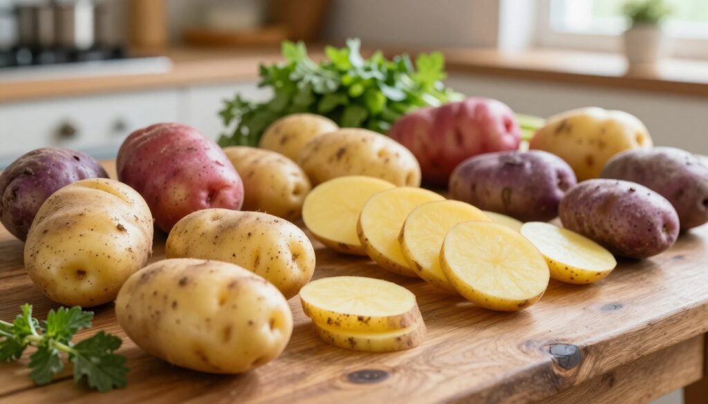 A vibrant arrangement of various potato varieties on a rustic wooden table, showcasing a variety of shapes, sizes, and colors, including yellow, red, and purple-skinned potatoes. In the foreground, a close-up of freshly harvested potatoes with some dirt and leaves, emphasizing their natural state. In the middle, a mix of whole and sliced potatoes laid out artistically, highlighting their textures and colors. In the background, a soft-focus image of a kitchen setting with fresh herbs and vegetables, creating a warm and inviting atmosphere. Natural light streams in from a window, casting gentle shadows and enhancing the earthy tones of the potatoes. The overall mood is warm, homely, and connected to healthy cooking.