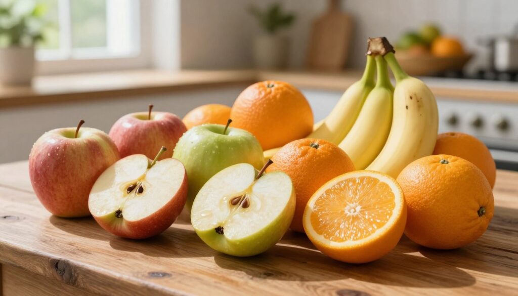 A vibrant assortment of fresh fruits, including juicy apples, ripe bananas, and sweet oranges, arranged artfully on a rustic wooden table. The fruits are cut in half to reveal their glistening flesh, showcasing a variety of colors and textures. Soft, natural light filters through a nearby window, casting gentle shadows and highlighting the fruits' freshness. In the background, a blurred kitchen setting with greenery and fruit baskets creates an inviting atmosphere. The scene conveys a healthy and informative vibe, emphasizing the natural sugars found in fruits. This composition invites the viewer to explore the relationship between fruits and carbohydrates. The photograph is taken from a slightly elevated angle, focusing on the fruits, ensuring clarity and detail.