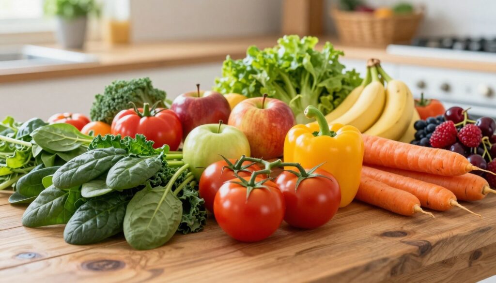 A vibrant assortment of fresh vegetables and fruits displayed on a rustic wooden table, with a focus on diversity and color. In the foreground, include bright green leafy vegetables like spinach and kale, alongside vivid red tomatoes, yellow bell peppers, and rich orange carrots. In the middle, showcase a variety of fruits such as apples, bananas, and berries, perfectly balanced with an emphasis on healthy portions. The background can feature soft-focus kitchen elements, like herbs in pots and a woven basket, hinting at a warm, inviting cooking space. The lighting is natural and bright, suggesting a fresh, morning atmosphere, with a slight overhead angle to capture the organization and abundance of produce. The overall mood is cheerful and inspiring, promoting healthy eating.