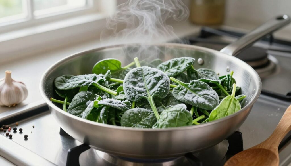A vibrant close-up of frozen spinach leaves, glistening with frost, placed artfully in a stainless steel skillet. The skillet is on a modern, brushed metal stove, with a gentle steam rising in the background. Surrounding the skillet are fresh spices, like garlic and pepper, suggesting the process of preparing the spinach. Natural light pours in from a nearby window, highlighting the deep green color of the spinach against the cool stainless steel. The atmosphere is clean and inviting, hinting at a culinary joy. A wooden spoon rests beside the skillet, ready for mixing. The image should evoke a sense of warmth and anticipation, showcasing the early stages of cooking frozen spinach without excess moisture.