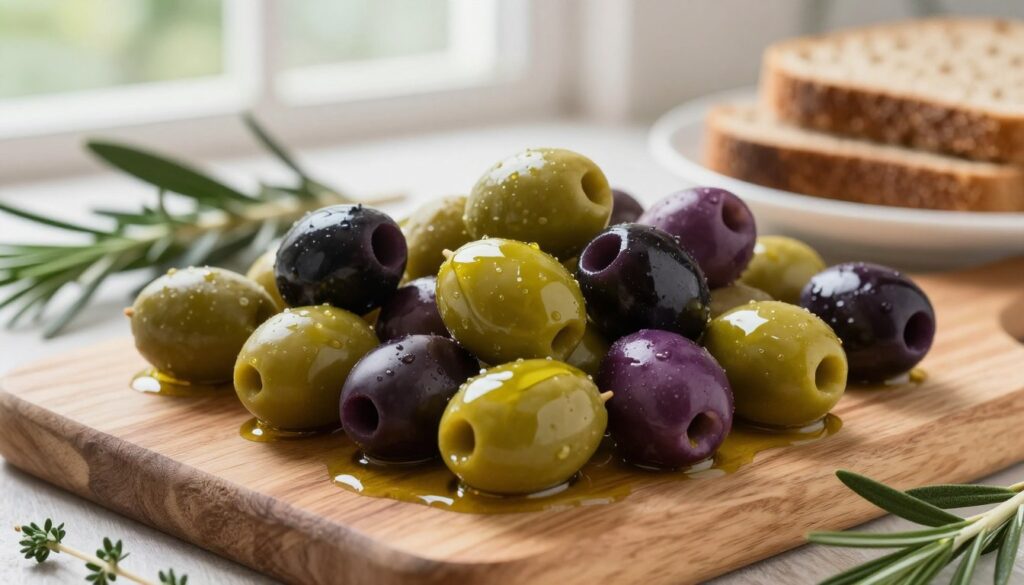 A vibrant display of healthy olives, showcasing a variety of colors such as green, black, and purple, arranged artistically on a wooden cutting board. The olives are glistening with a light sheen of olive oil, symbolizing their health benefits. In the background, soft, diffused natural light filters through a window, creating a warm and inviting atmosphere. Fresh herbs like rosemary and thyme are scattered nearby, adding a touch of greenery. A plate with sliced whole grain bread sits to the side, enhancing the Mediterranean theme. The image should be captured at a slight angle, emphasizing the depth and texture of the olives, while maintaining a clean, uncluttered feel. The overall mood should be one of freshness, health, and culinary delight.