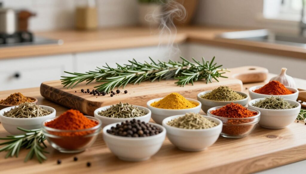 A vibrant display of various spices and seasonings neatly arranged on a wooden kitchen countertop. In the foreground, there are small bowls filled with colorful spices such as paprika, black pepper, garlic powder, and dried herbs, emphasizing their textures and rich colors. The middle layer features a rustic wooden cutting board with fresh rosemary and thyme scattered around, adding a touch of greenery. The background shows softly blurred kitchen equipment with warm, natural lighting that creates an inviting and cozy atmosphere. A hint of steam rises in the air, suggesting a warm cooking environment, and a shallow depth of field focuses sharply on the spices, evoking a sense of culinary creativity and flavor enhancement.