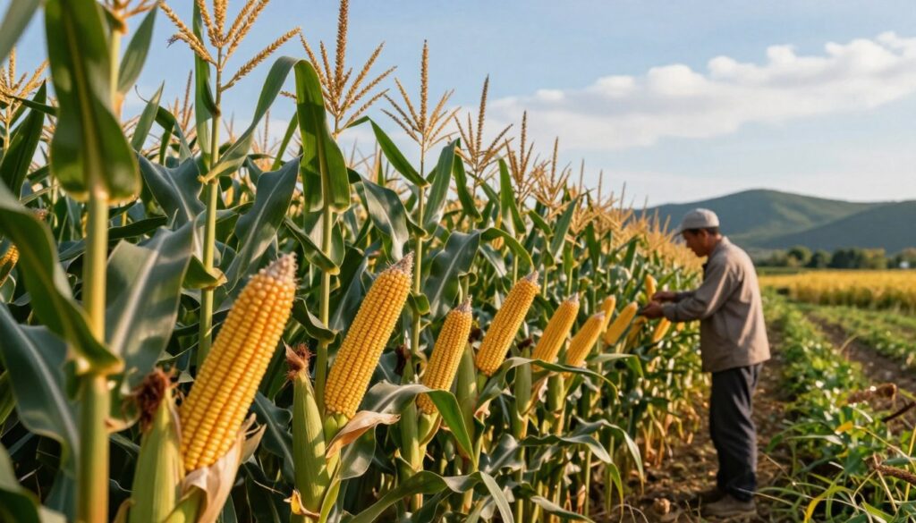 A vibrant field of Zea mays (maize) in the foreground, showcasing lush green stalks and golden ears of corn ripening under the warm sunlight. In the middle ground, a farmer in modest casual clothing can be seen inspecting the plants, highlighting agriculture techniques and crop health. The background features rolling hills and a clear blue sky with soft clouds, creating a tranquil rural atmosphere. The lighting is bright and natural, casting gentle shadows that add depth to the scene. The mood is optimistic and productive, symbolizing the connection between agriculture and the classification of grains. The composition focuses on the beauty of the crop, with a slight tilt indicating a dynamic perspective, ensuring a rich visual engagement. A vibrant field of Zea mays (maize) in the foreground, showcasing lush green stalks and golden ears of corn ripening under the warm sunlight. In the middle ground, a farmer in modest casual clothing can be seen inspecting the plants, highlighting agriculture techniques and crop health. The background features rolling hills and a clear blue sky with soft clouds, creating a tranquil rural atmosphere. The lighting is bright and natural, casting gentle shadows that add depth to the scene. The mood is optimistic and productive, symbolizing the connection between agriculture and the classification of grains. The composition focuses on the beauty of the crop, with a slight tilt indicating a dynamic perspective, ensuring a rich visual engagement.