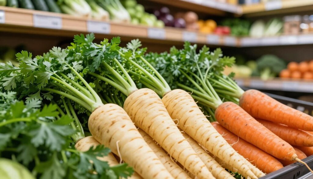 A vibrant grocery store scene showcasing fresh parsnips prominently displayed in the foreground, surrounded by fresh parsley and carrots for easy comparison. The parsnips should appear slightly larger and creamier in color, with a distinct tapered shape, while the parsley remains leafy and vibrant green alongside the orange, smooth carrots. The background features wooden shelves stocked with various vegetables, under bright, natural lighting that creates a warm and inviting atmosphere. A soft focus on the shelves enhances the subject's prominence. The angle captures the scene from slightly above to emphasize the textures, while the mood is fresh and appetizing, encouraging a sense of exploration and discovery.