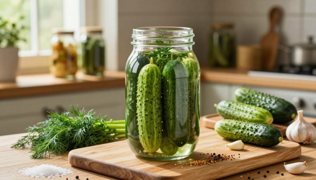 A vibrant kitchen scene focused on the process of making pickled cucumbers, showcasing a variety of fresh, crispy cucumbers and essential ingredients like salt and spices. In the foreground, a clear glass jar filled with whole cucumbers submerged in a brine solution, with fresh herbs and garlic cloves visible. The middle ground features a wooden cutting board with freshly chopped dill and spices like mustard seeds, all illuminated by warm, natural light filtering through a nearby window. In the background, a rustic kitchen setting with wooden shelves lined with preserved jars and cooking utensils, evoking a cozy, homey atmosphere. The overall mood should convey a sense of simplicity and freshness, emphasizing the art of successful pickling without mold or soft cucumbers.