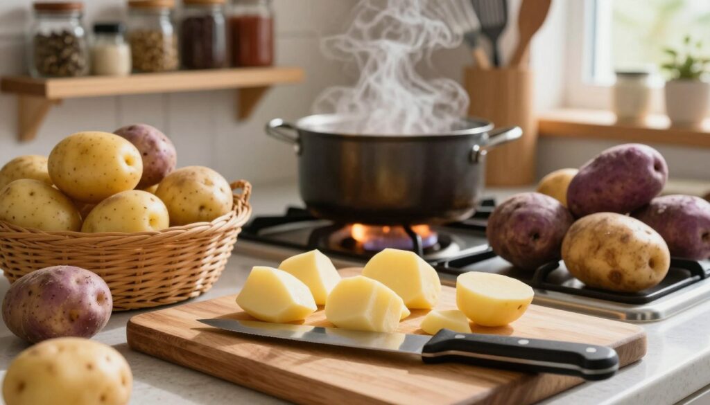 A vibrant kitchen scene showcasing a variety of potatoes. In the foreground, a wooden cutting board with freshly peeled and diced potatoes, a sharp knife gleaming in the light. The middle ground features pots bubbling on a stove, with a warm, inviting glow emanating from the cooking process. A basket full of different potato varieties, like russets and purple potatoes, adds color and texture. The background has shelves filled with spices and utensils, softly blurred to emphasize depth, creating a cozy and functional kitchen atmosphere. The lighting is natural, coming from a window, casting gentle shadows and highlighting the earthy tones of the potatoes. The overall mood is warm and inviting, illustrating the importance of potatoes in global cuisine and their role as a vital energy source.