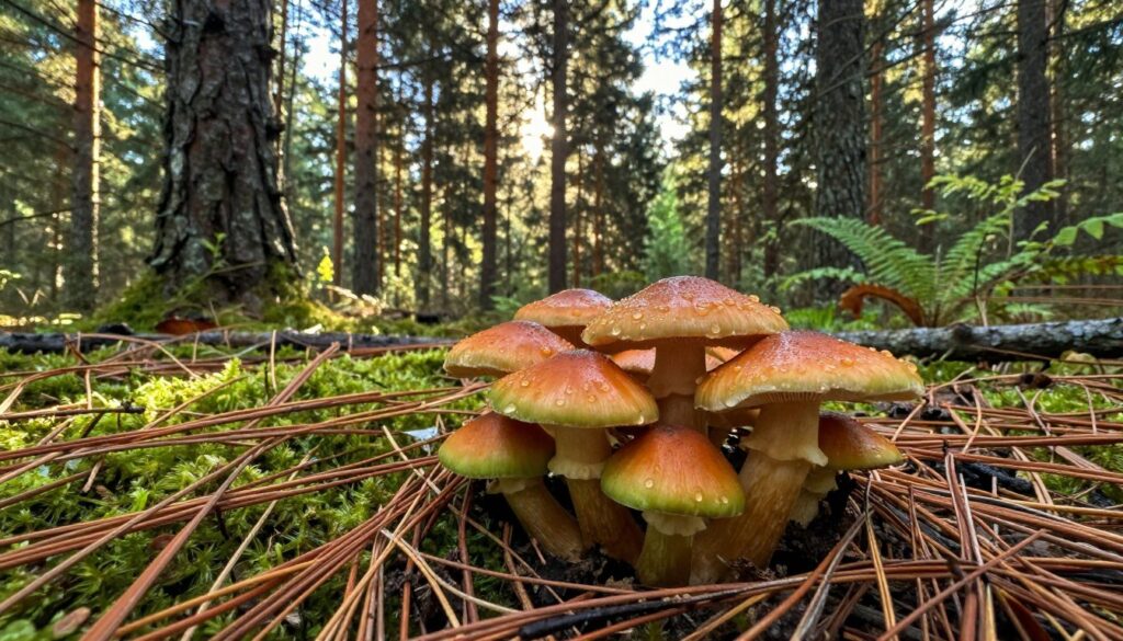 A vibrant scene depicting the habitat of the edible mushroom known as "mleczaj rydz" (Lactarius deliciosus) in Poland. In the foreground, a cluster of orange and greenish mushrooms peeking through a rich layer of pine needles and moss, their surfaces glistening with dew. In the middle, tall pine trees fill the scene, their trunks straight and strong, with soft sunlight filtering through the branches, casting dappled shadows on the forest floor. The background features a tranquil, lush forest ambience, with hints of other woodland plants and distant ferns under the bright yet gentle morning light. The atmosphere is serene and inviting, portraying an ideal natural setting for foraging mushrooms. Capture the details sharply as if viewed through a macro lens, highlighting textures and colors.