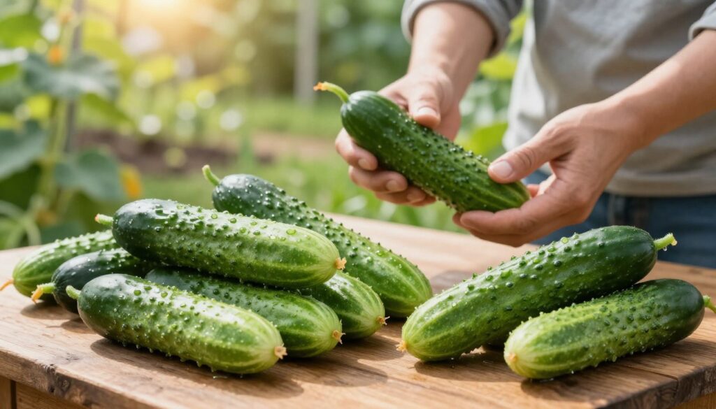 A vibrant scene depicting the selection of cucumbers for pickling. In the foreground, a variety of fresh, firm, green cucumbers, some with a few drops of water, are artistically arranged on a rustic wooden table, emphasizing their crisp texture. In the middle ground, a pair of hands, clad in modest, casual attire, gently examine specific cucumbers, showcasing the process of choosing the best ones. The background features a soft-focus view of a garden, with greenery and sunlight filtering through, creating a warm, inviting atmosphere. Natural light illuminates the cucumbers, highlighting their glossy surface, while the overall mood conveys freshness and the anticipation of pickling.