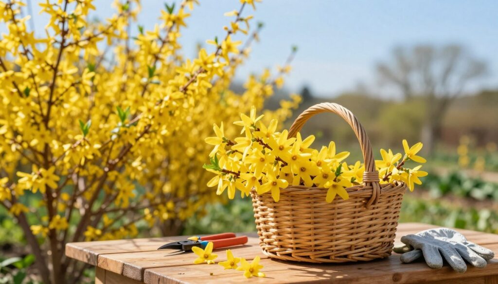 A vibrant scene of freshly picked forsythia flowers, showcasing clusters of bright yellow blossoms, with a close-up focus on the delicate petals and fresh green leaves. In the foreground, a wicker basket filled with forsythia flowers is placed on a natural wooden table, surrounded by garden tools like pruners and gloves, hinting at the act of collecting them. The middle ground features a sunlit garden with blooming forsythia bushes under a clear blue sky, emphasizing the joyful, spring atmosphere. In the background, soft-focus greenery and distant trees create depth. The lighting is warm, casting gentle sunlight, enhancing the flowers' bright colors, and evoking a sense of peaceful, productive gardening.