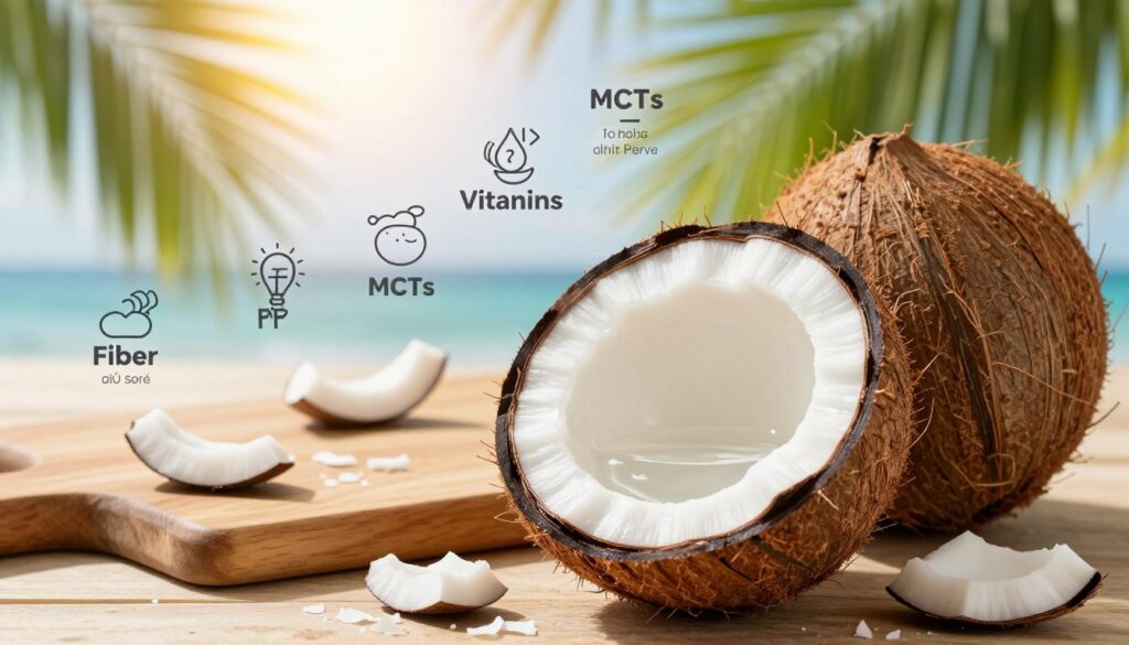 A vibrant still life composition focusing on the nutritional values of coconut. In the foreground, a halved coconut reveals its creamy white flesh and clear coconut water, surrounded by scattered coconut flakes. To the side, a fresh coconut rests, showcasing its rough brown exterior. In the middle ground, a wooden cutting board displays minimalist infographics highlighting key ingredients: fiber, potassium, vitamins, and MCTs, represented visually with icons or symbols. The background features a softly blurred tropical setting with palm leaves and a warm sunlight filtering through, creating a fresh and inviting atmosphere. The lighting is bright and natural, enhancing the details of the coconut and the richness of the colors. The overall mood conveys healthiness and vitality, perfect for an informative article about coconut nutrition.