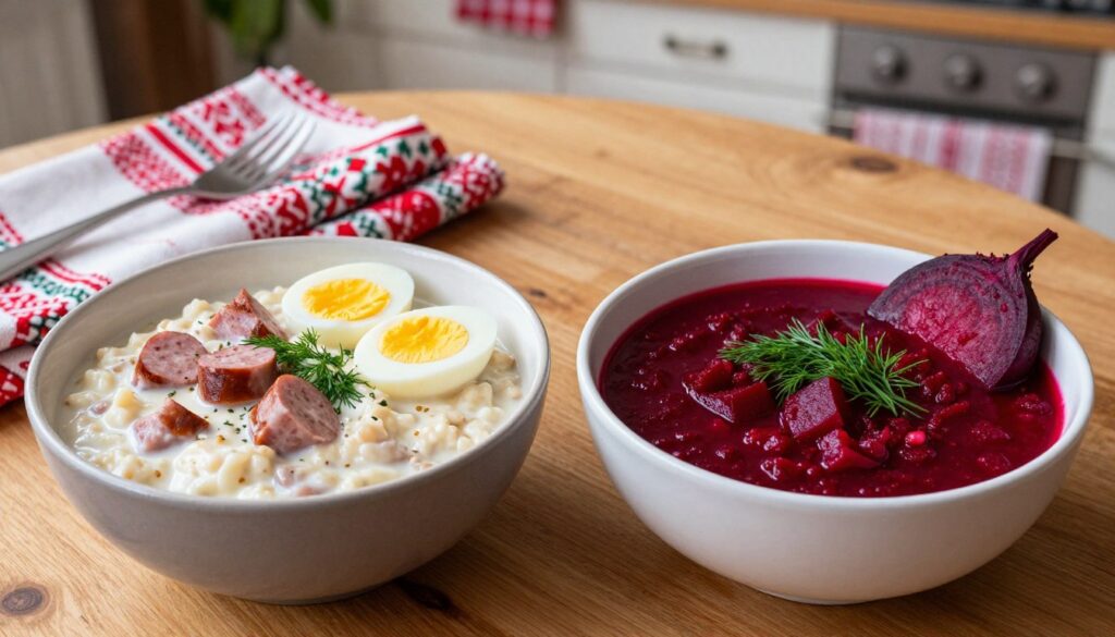 A vibrant tableau showcasing the distinct differences between żurek and barszcz białym. In the foreground, two bowls are artistically presented side by side: one filled with creamy, light żurek featuring pieces of sausage, boiled egg, and herbs, while the other displays deep red barszcz białym, garnished with fresh dill and a slice of beetroot. The middle ground includes a well-set wooden table, adorned with rustic textiles, capturing the essence of Polish cuisine. The background hints at a cozy kitchen with soft, warm lighting, emphasizing a welcoming atmosphere. The scene is captured from a slightly elevated angle, allowing a clear view of both dishes, inviting viewers to appreciate the contrasting colors and textures that symbolize their unique flavors.
