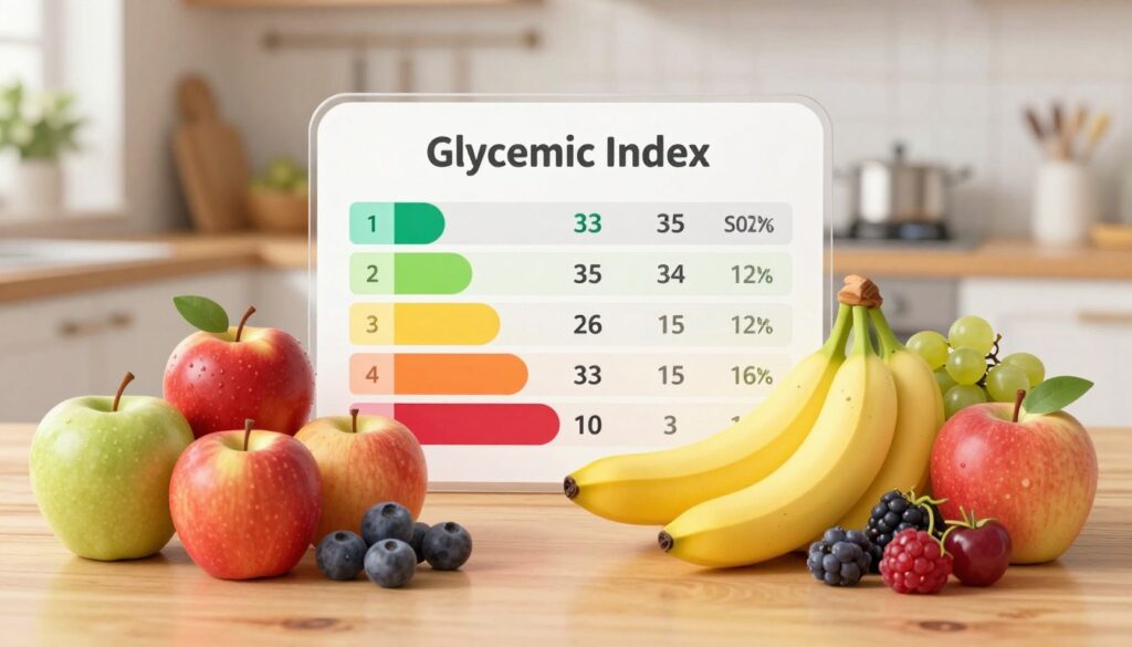 A visually appealing and educational illustration depicting the glycemic index of various fruits. In the foreground, showcase an array of colorful fruits, including apples, bananas, grapes, and berries, artfully arranged on a wooden table. In the middle, place a transparent chart or infographic displaying glycemic index values and sugar content, integrating vivid colors for clarity. The background should have a softly blurred kitchen setting with warm, natural lighting to create a cozy atmosphere. Use a shallow depth of field to focus on the fruits and the chart, capturing a sense of harmony and balance. The overall mood should be informative yet inviting, encouraging readers to engage with the topic of fruit consumption and glucose stability.