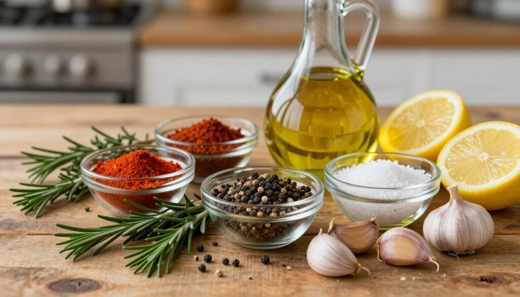 A visually appealing arrangement of chicken marinade ingredients displayed artistically on a rustic wooden table. In the foreground, vibrant, fresh herbs like rosemary and thyme are scattered around, alongside whole garlic cloves and sliced lemons. In the middle, there are glass bowls featuring an array of spices such as paprika, black pepper, and salt, each vividly colored. A bottle of olive oil stands prominently, with a gentle sheen reflecting the light. The background features a blurred kitchen setting, enhancing the home-cooked atmosphere. The lighting is warm and inviting, creating a cozy, appetizing mood. The angle captures the ingredients from a slightly overhead perspective, inviting the viewer to immerse in the culinary scene.