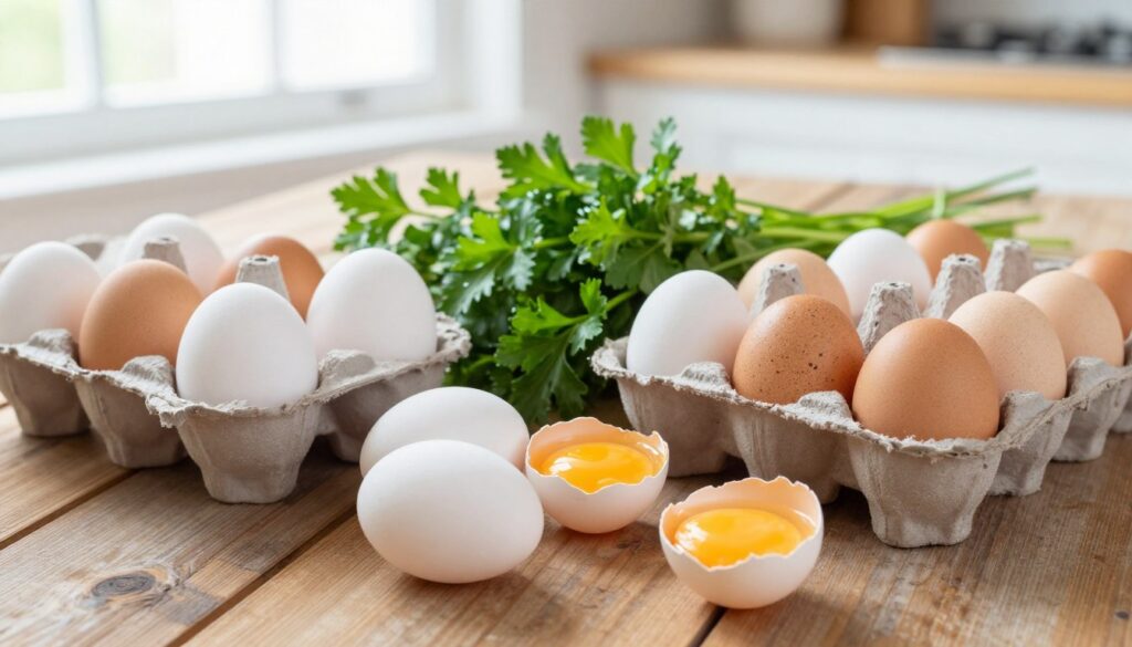 A visually appealing arrangement of eggs on a rustic wooden kitchen table, showcasing a variety of egg types such as white, brown, and speckled. In the foreground, a neatly stacked carton of a dozen eggs, with a few eggs scattered around, some cracked open to reveal their bright yolks. In the middle, fresh herbs like parsley and chives are artfully placed for color contrast. The background features soft, natural lighting coming from a nearby window, enhancing the warm, inviting atmosphere of the scene. This image evokes a sense of health and nutrition, suggesting the theme of moderate egg consumption, perfect for a culinary article. Attention to detail should highlight textures and colors, capturing the essence of wholesome ingredients in a home kitchen setting. A visually appealing arrangement of eggs on a rustic wooden kitchen table, showcasing a variety of egg types such as white, brown, and speckled. In the foreground, a neatly stacked carton of a dozen eggs, with a few eggs scattered around, some cracked open to reveal their bright yolks. In the middle, fresh herbs like parsley and chives are artfully placed for color contrast. The background features soft, natural lighting coming from a nearby window, enhancing the warm, inviting atmosphere of the scene. This image evokes a sense of health and nutrition, suggesting the theme of moderate egg consumption, perfect for a culinary article. Attention to detail should highlight textures and colors, capturing the essence of wholesome ingredients in a home kitchen setting.