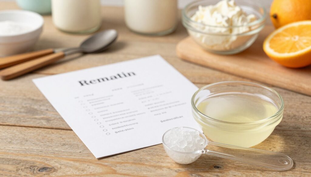 A visually appealing kitchen countertop scene focused on the precise measurement of gelatin for a no-bake cheesecake. In the foreground, a clear measuring spoon filled with granulated gelatin is placed next to a small bowl featuring already mixed gelatin. In the middle, a recipe card displaying a simple conversion chart for gelatin in teaspoons and sheets is partially visible, elegantly arranged on a rustic wooden surface. The background features soft-focus kitchen utensils and pastel-colored ingredients like cream cheese and fresh fruit, creating a harmonious and inviting atmosphere. Soft, warm lighting illuminates the scene, accentuating the textures and colors, and evoking a sense of home cooking and culinary delight. The composition should feel organized and informative without the presence of any text or distractions.