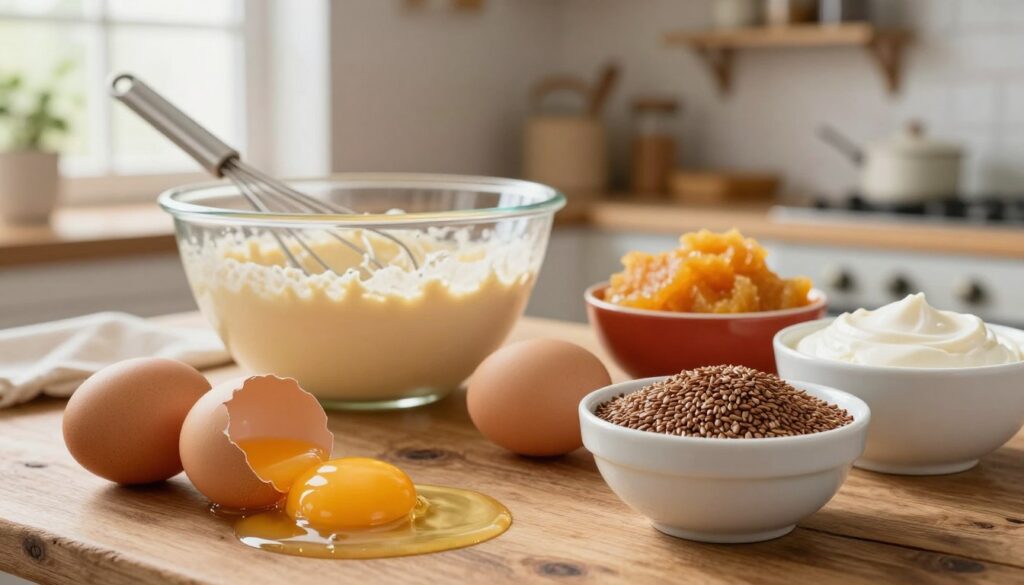 A visually compelling composition highlighting the functions of eggs in baking alongside their popular substitutes. In the foreground, a cracked egg with its yolk spilling out onto a rustic wooden surface, symbolizing its role in moisture and richness. Next to it, vibrant bowls filled with diverse egg substitutes like applesauce, flaxseed mixture, and silken tofu, showcasing their textures and colors. In the middle ground, a mixing bowl with batter incorporating these ingredients, with a whisk poised above. Soft, natural lighting cascades from a window, creating a warm and inviting atmosphere, emphasizing the baking process. The background shows a subtle kitchen setting with mounted shelves filled with baking essentials, fostering a cozy, homely vibe, inviting the viewer to explore the art of baking without eggs.
