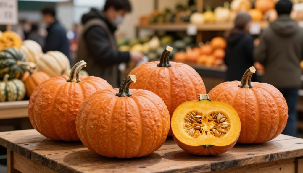 A visually striking display of Hokkaido pumpkins in a market setting. In the foreground, a few vibrant, deep orange Hokkaido pumpkins sit on a rustic wooden table, their distinct shape and smooth texture clearly visible. One pumpkin is sliced open to reveal its bright golden flesh and seeds, highlighting its edibility. In the middle ground, a blurred vendor and other shoppers can be seen, engaging with the produce, creating a lively atmosphere. In the background, shelves filled with various squash varieties add depth. Soft, warm lighting casts gentle shadows, evoking a cozy fall vibe. The composition captures the essence of selecting the perfect Hokkaido pumpkin, with an inviting, informative feel.