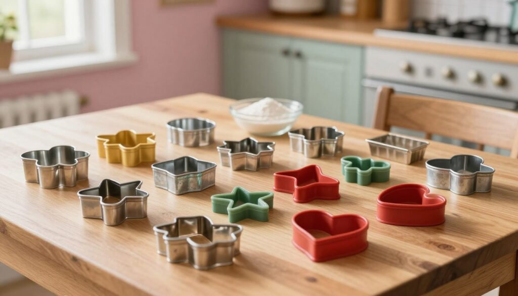 A visually striking display of various 3D cookie cutter materials arranged artistically on a wooden kitchen table, illuminated by soft, natural lighting filtering through a nearby window. The foreground features stainless steel, galvanized, and coated cookie cutters in an array of shapes—gingerbreads, stars, and hearts—positioned thoughtfully to highlight their unique textures and finishes. In the middle ground, a subtle display of baking ingredients, like flour and sugar, adds context to the baking theme. The background showcases an inviting kitchen setting with pastel-colored walls and rustic wooden cabinets, creating a warm, homey atmosphere. The overall mood is cheerful and inviting, evoking the joy of baking. The shot is taken from a slight overhead angle, focusing on the craftsmanship and materials of the cookie cutters.