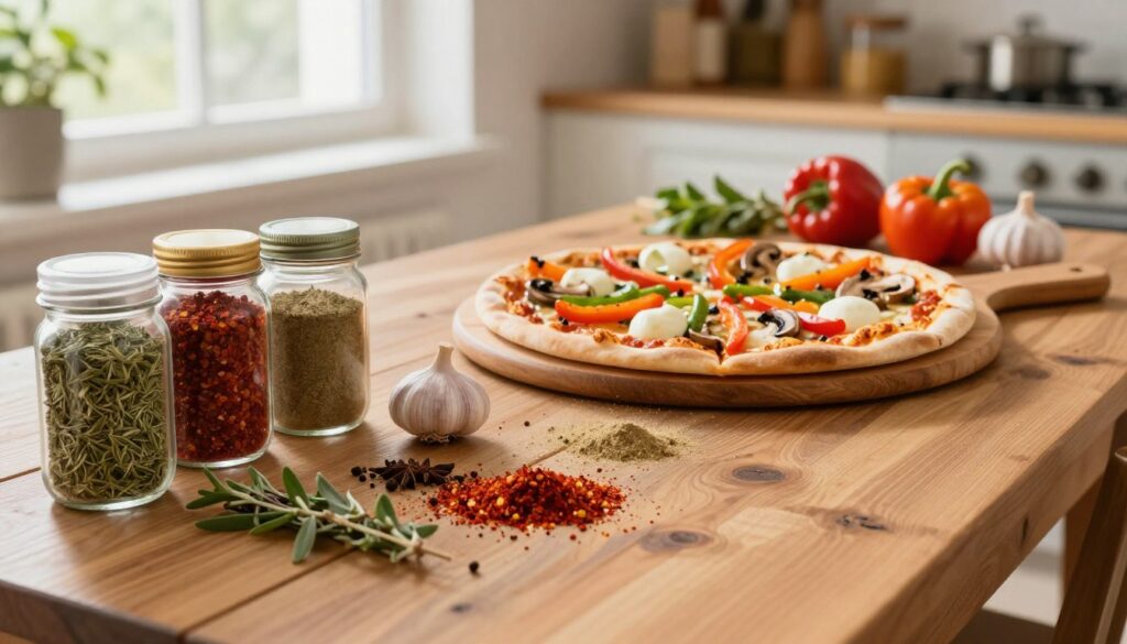 A warm, inviting kitchen scene showcasing a rustic wooden table with various spices and herbs spread out artistically. In the foreground, vibrant jars filled with dried oregano, chili flakes, garlic powder, and custom spice blends are clearly visible, beckoning to be picked. In the middle, a freshly made pizza rests on a wooden pizza peel, topped with colorful ingredients like bell peppers, mushrooms, and mozzarella, symbolizing flavor combinations. The background features soft, natural light streaming in through a window, illuminating fresh ingredients and an inviting atmosphere. The scene feels cozy and culinary, perfect for exploring the art of seasoning a pizza with the right spices. The composition is warm and inviting, encouraging viewers to explore diverse flavors.