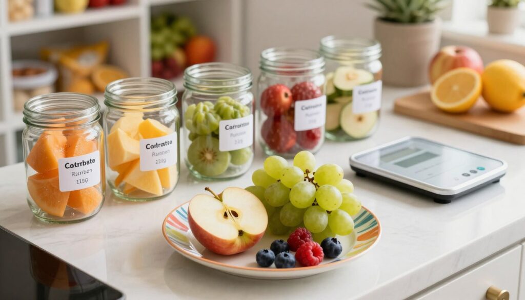 A well-lit kitchen counter showcasing a diverse array of fresh fruits, each portioned to represent controlled carbohydrate intake. In the foreground, a beautifully arranged plate features half a sliced apple, a small bunch of grapes, and a few berries, each placed on a colorful patterned dish. In the middle ground, clear glass jars neatly hold cut fruits, labeled with their carbohydrate content for easy reference, while an elegant weighing scale sits nearby. The background reveals a softly blurred pantry with additional fruits and healthy snacks. Use natural light to create a warm and inviting atmosphere, enhancing the colors of the fruits. The shot should be from a slight overhead angle to display the vibrant colors and textures effectively.
