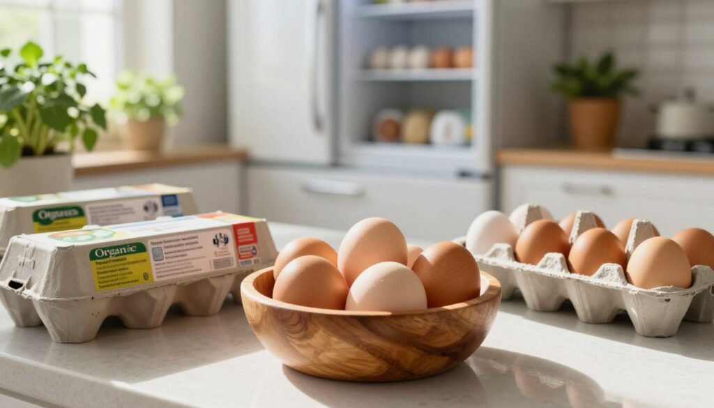 A well-lit kitchen countertop featuring a variety of eggs in different types of packaging, including organic, free-range, and conventional options. In the foreground, an elegant wooden bowl holds several beautiful, freshly laid eggs, showcasing their natural colors and textures. A carton of eggs is partially opened beside the bowl, revealing their labels emphasizing safety. The middle ground includes an informative kitchen scene with a refrigerator in soft focus, stocked with egg-related items like egg timers and recipe books. The background shows vibrant kitchen herb plants, enhancing the fresh atmosphere. Natural sunlight streams in through a window, creating warm shadows reflecting a cozy, inviting mood. A macro perspective captures the details of the eggs, celebrating their nutritious attributes. A well-lit kitchen countertop featuring a variety of eggs in different types of packaging, including organic, free-range, and conventional options. In the foreground, an elegant wooden bowl holds several beautiful, freshly laid eggs, showcasing their natural colors and textures. A carton of eggs is partially opened beside the bowl, revealing their labels emphasizing safety. The middle ground includes an informative kitchen scene with a refrigerator in soft focus, stocked with egg-related items like egg timers and recipe books. The background shows vibrant kitchen herb plants, enhancing the fresh atmosphere. Natural sunlight streams in through a window, creating warm shadows reflecting a cozy, inviting mood. A macro perspective captures the details of the eggs, celebrating their nutritious attributes.