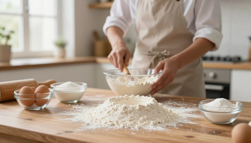 A well-lit kitchen scene featuring a rustic wooden table covered with a fine mound of white, soft wheat flour (mąka pszenna) in the foreground. Next to the flour, there are glass bowls filled with eggs, sugar, and a small dish of baking powder, creating an inviting environment for baking. In the middle ground, a professional chef in modest casual attire is gently mixing ingredients in a mixing bowl, focused on the task at hand, with a slightly blurred background of a bright, airy kitchen, complete with natural light streaming in through a window. The overall atmosphere is warm and cozy, emphasizing the simplicity and joy of baking. The composition should evoke a sense of homeliness and the art of creating something delicious.