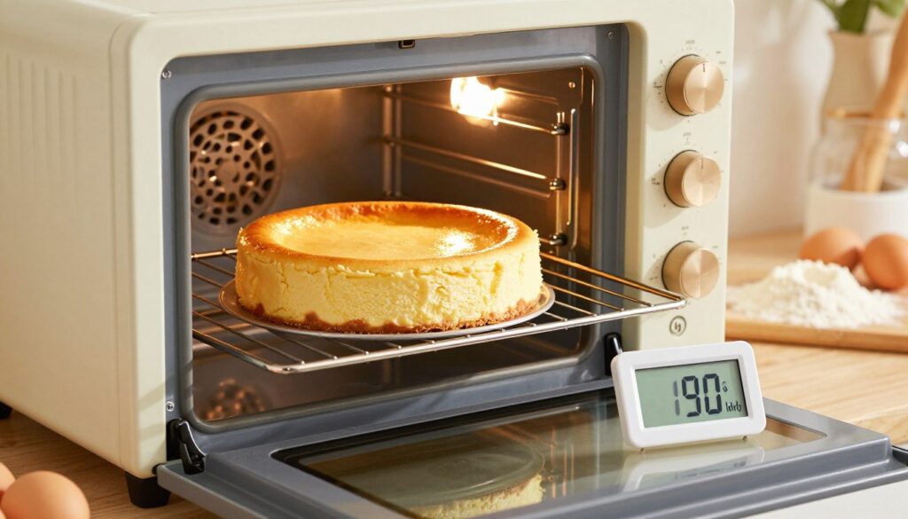 A well-lit kitchen scene showcasing an oven with an open door, revealing a golden-brown cheesecake nestled on a rack inside. The cheesecake appears perfectly baked, with a slightly cracked top and a smooth surface, symbolizing the delicate balance of temperature and humidity. In the foreground, a digital oven thermometer displays a clear reading of the temperature, highlighting the importance of accurate baking conditions. The lighting is warm and inviting, enhancing the cozy atmosphere of home baking. On the countertop, there are subtle hints of baking utensils and ingredients, like eggs and flour, adding context without overpowering the main focus. The background features soft-focus kitchen decor, creating a harmonious and welcoming ambiance that reflects the theme of baking perfection.