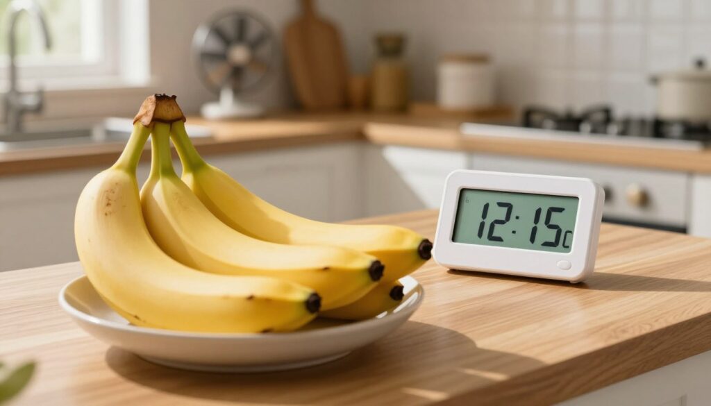 A well-lit kitchen setting featuring a bowl of fresh bananas on a wooden countertop. The foreground focuses on the bananas, showcasing their bright yellow skin, some with slight brown spots, indicating ripe stages. In the middle ground, a digital thermometer displays an optimal temperature range for banana storage, around 12-15 degrees Celsius, highlighting the importance of temperature. The background is softly blurred, revealing a well-organized kitchen with air circulation enhancements like a fan and an open window. Natural sunlight streams in, casting warm shadows that create a cozy atmosphere. The overall mood is inviting and informative, emphasizing proper banana storage techniques without distractions or text.